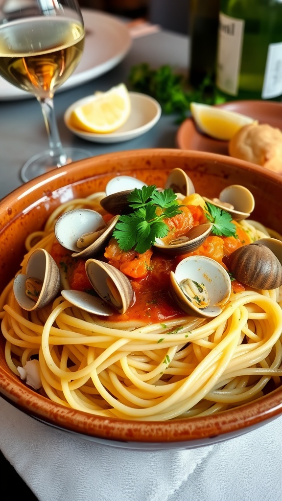 Plate of linguine with clam sauce garnished with parsley on a rustic table with white wine and lemon.